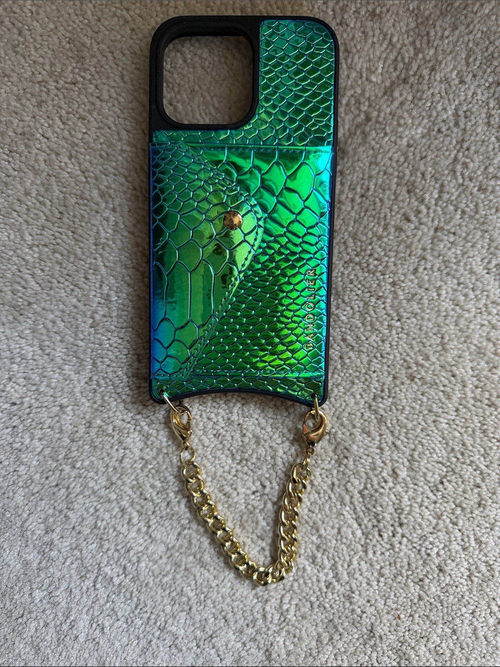 iPhone 14 Pro Max Bandolier Iridescent Green Snake-Embossed Phone Case with Gold
